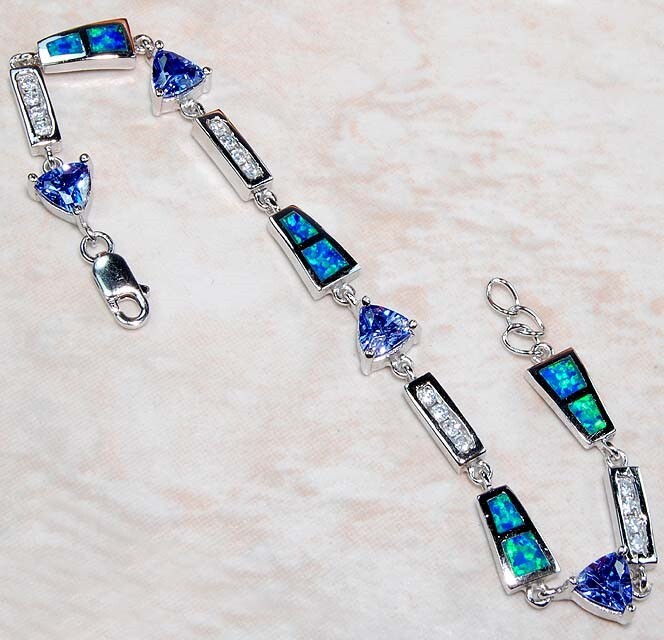 African Sapphire & Australian Opal Inlay 925 Sterling Silver Tennis Bracelet