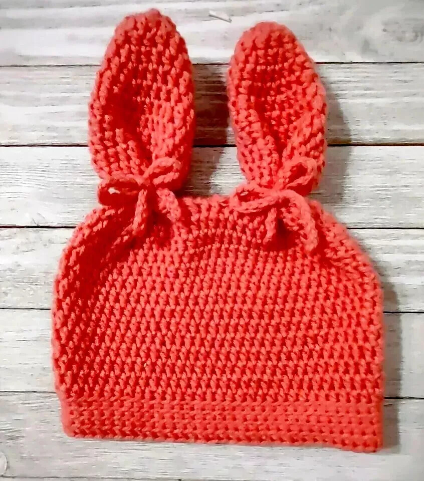 handmade crochet baby newborn hat easter bunny ears 0/3 months coral pink USA