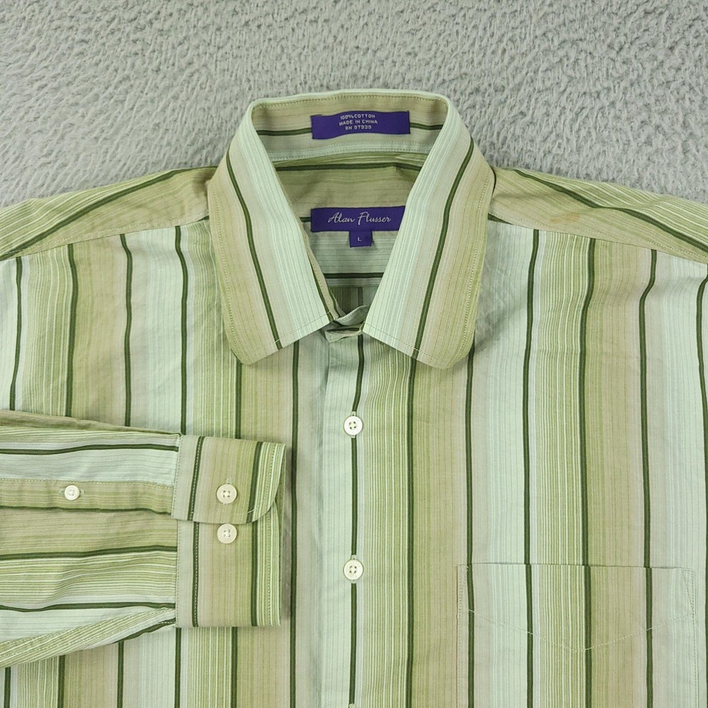 Alan Flusser Dress Shirt Mens Large Green Stripe Long Sleeve Cotton Button Front