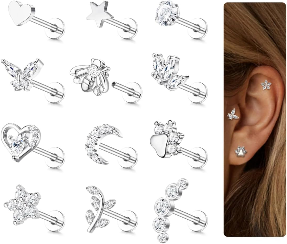 12Pcs Stainless Steel Flat Back Tragus Earrings for Women Cartilage Piercing