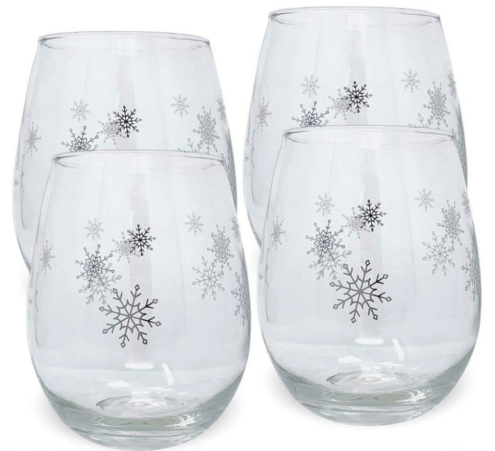 Glitter Snowflakes Printed Stemless Wine Glass 15.5 oz. Christmas  SET OF FOUR