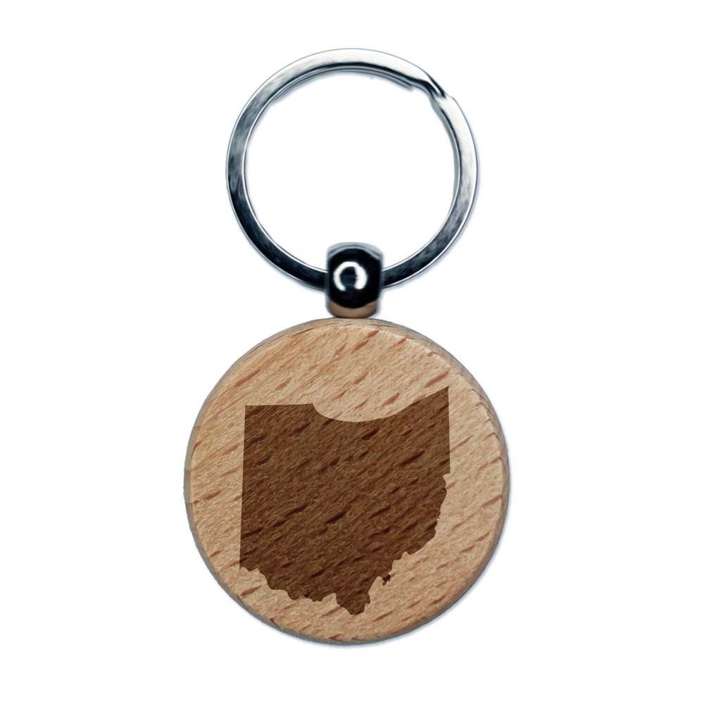 Ohio State Silhouette Engraved Wood Round Keychain Tag Charm