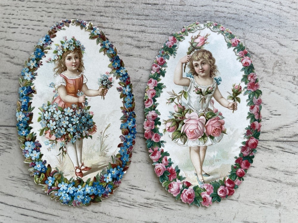 Antique Victorian Die Cut Scrap Chromolithograph Flower Fairies
