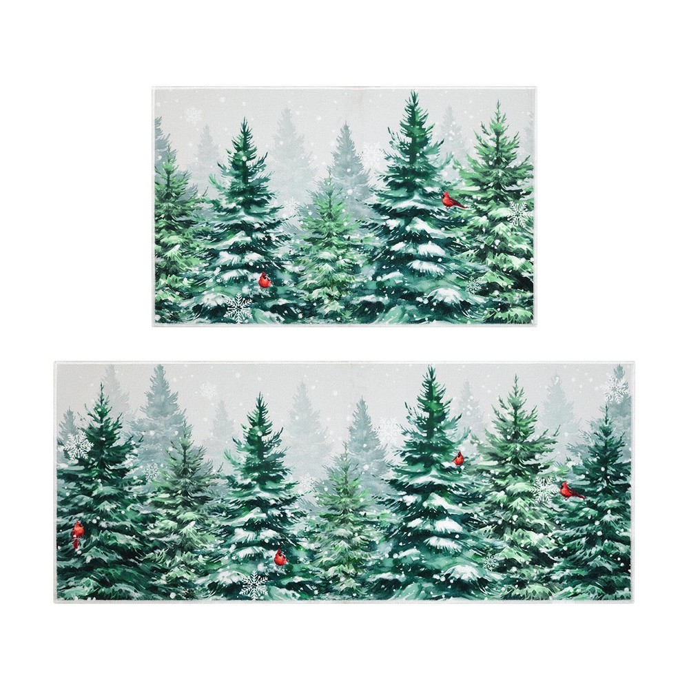Christmas Kitchen Rugs Washable Xmas Snowy Pine Tree Forest Cardinal Kitchen ...