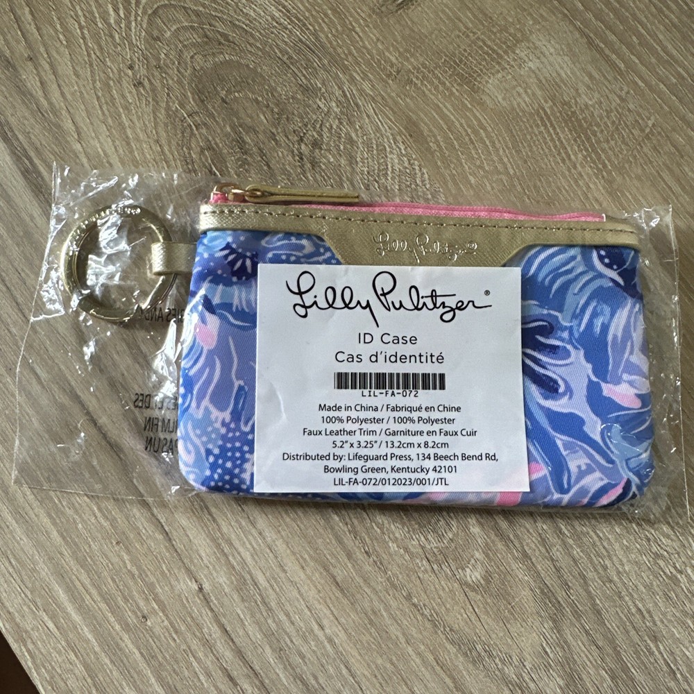 Lilly Pulitzer Zip ID Case Wallet in Pink & Blue with Gold Keychain Card Holder