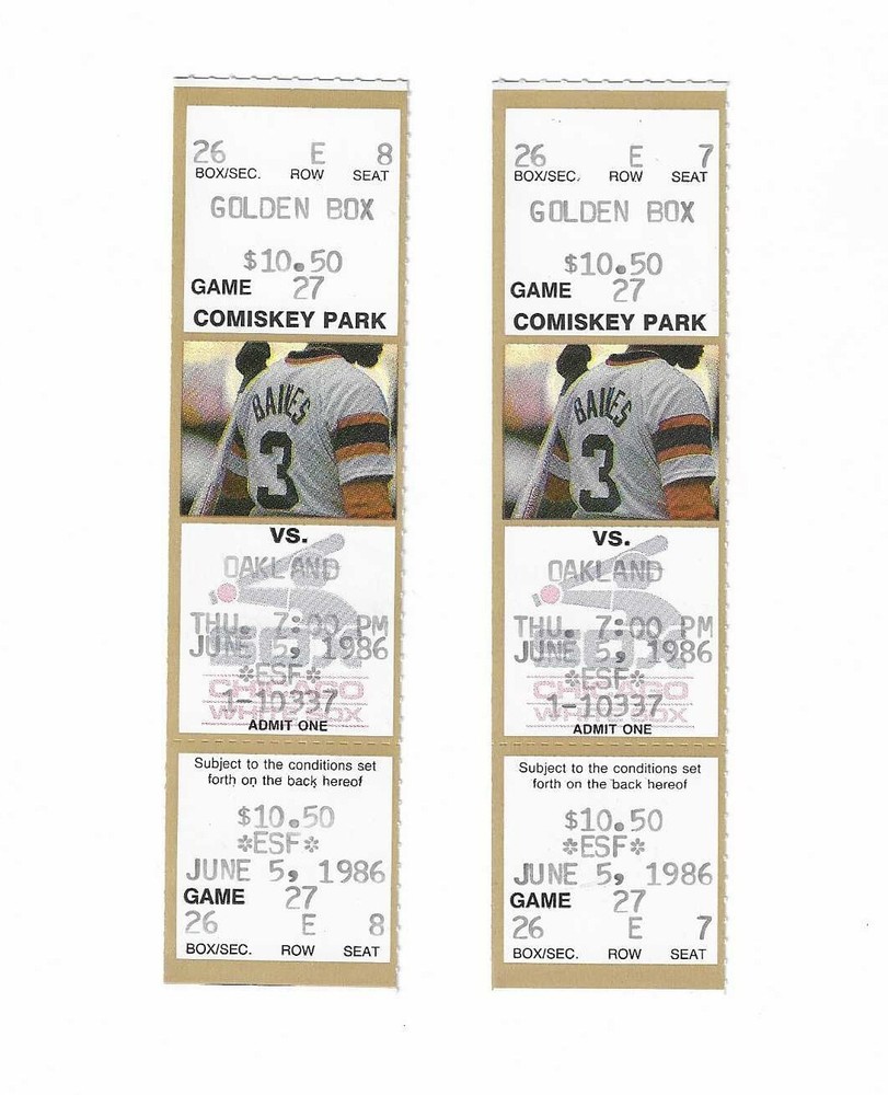 Chicago White Sox vs Oakland A's unused Baseball Tickets from 6/5/1986
