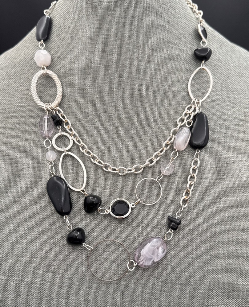 Necklace Bib Style 3 Dangling Chains with Black White Beads 21 Inches See Photos