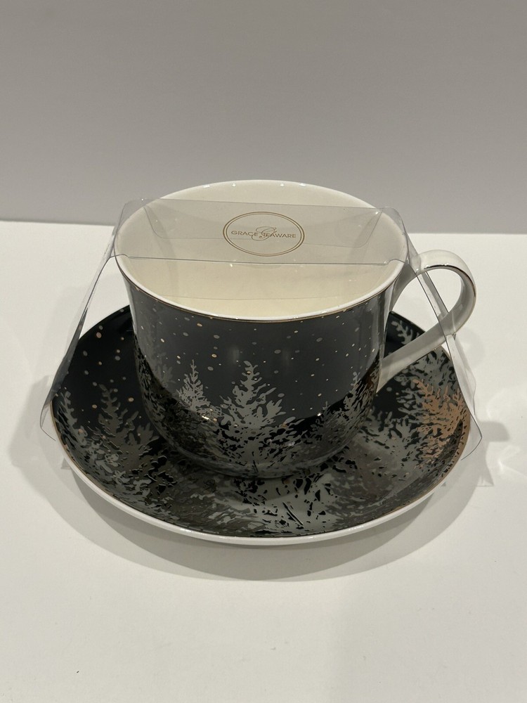 HTF Grace Teaware Black & Gold Accent Winter Holiday Teacup & Saucer Set NEW!