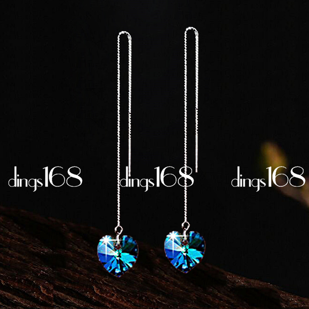 Hypo-Allergenic 925 Sterling Silver Crystal Heart Long Threader Earrings S1260