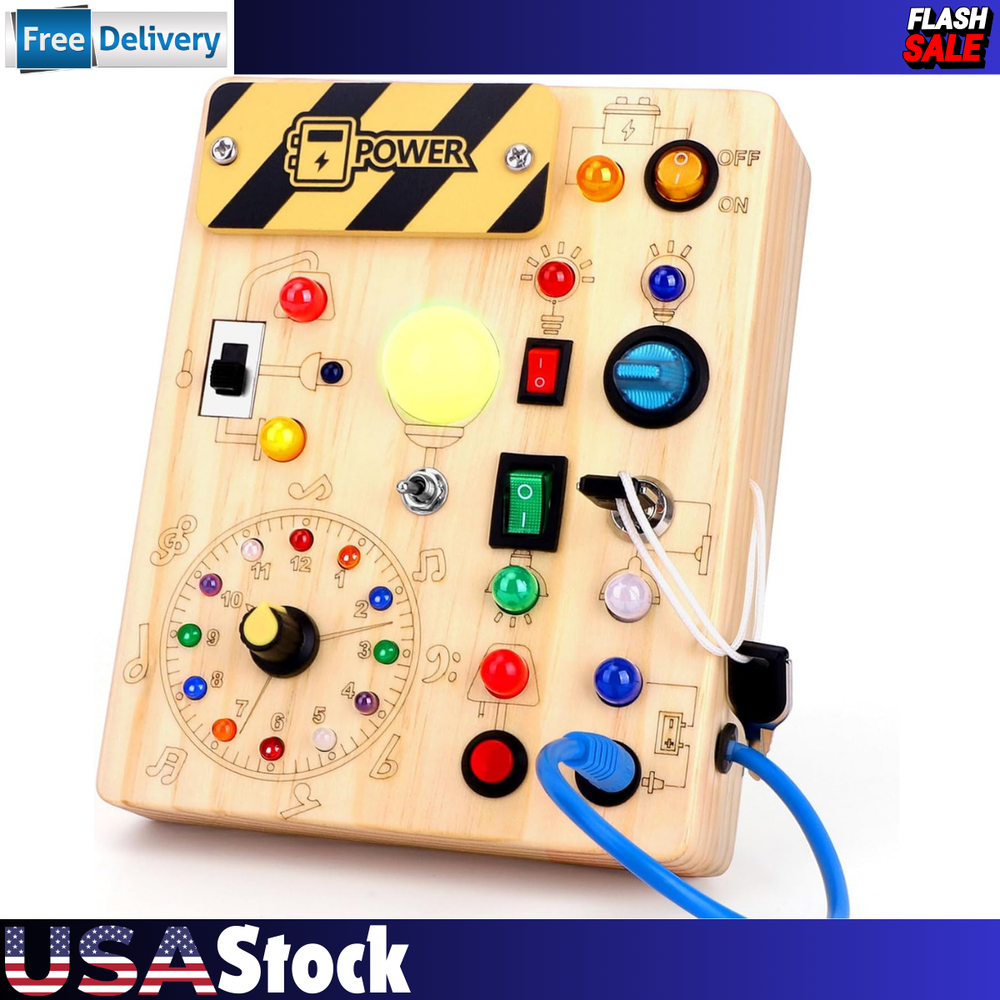 Montessori Toddler Busy Board Wooden Toys for 1-3 Years Old Sensory Toy LED