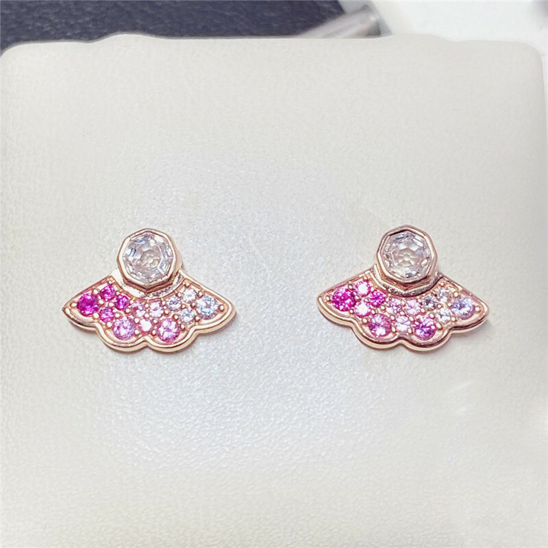 2020 Authentic 925 Sterling Silver Rose Pink Fan Stud Earrings Collection