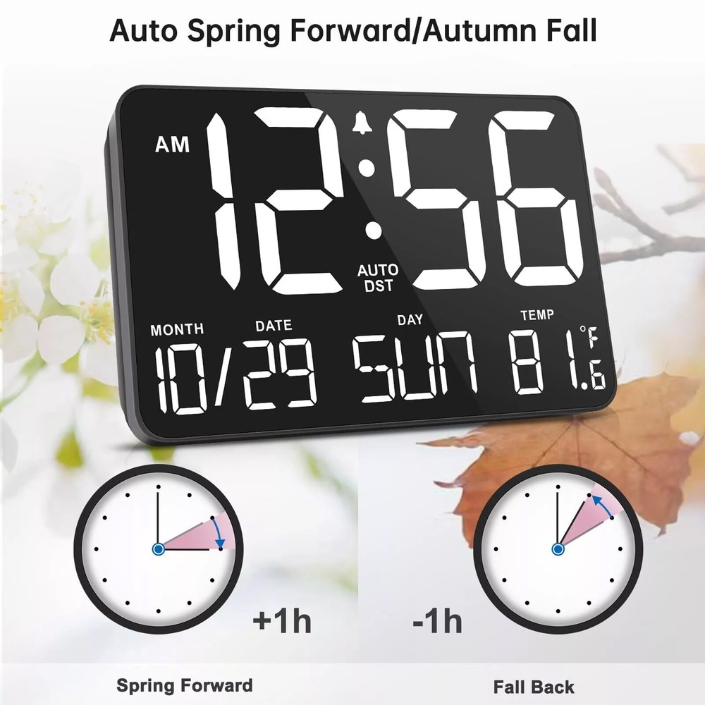 Large Display Digital Wall Calendar Clock with Date Day of Week Alarm White new