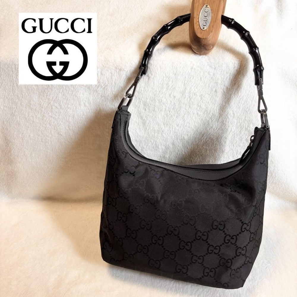 Gucci Black GG Canvas Bamboo Shoulder Bag 10.2x11 Like New