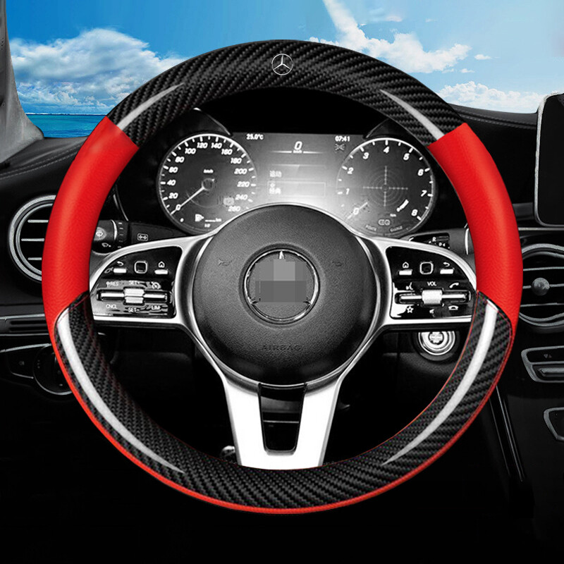 メルセデスベンツ用15インチカーボンファイバーレザーカーステアリングホイールカバーレッドレザー