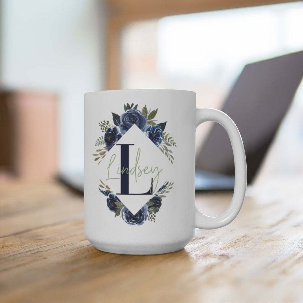 Personalized Blue Floral Initial Name Mug Floral Monogram Name Mug Bridesmaid