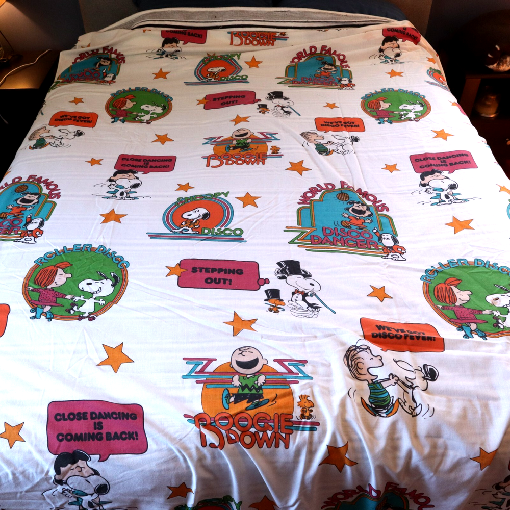 Vintage PERMA Prest Peanuts Disco Fever Twin Sheet Set by Sears with Snoopy Design