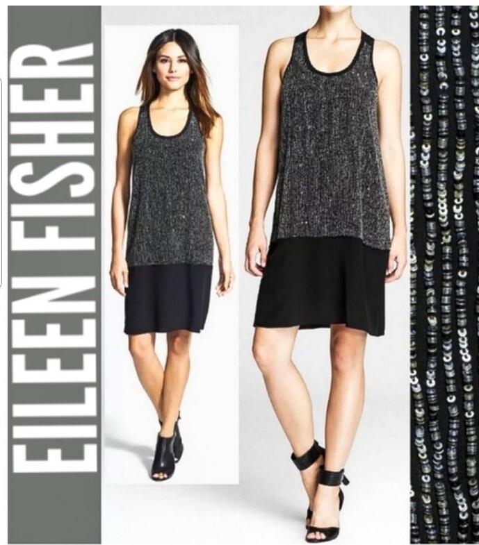 NWT Eileen Fisher Sequined Silk Crepe de Chine Tank Dress Black XL Sparkly Party