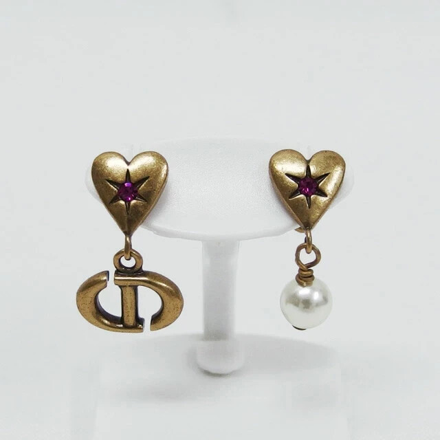Christian Dior Swing Faux Pearl Gold Heart Earrings Authentic Logo Metal