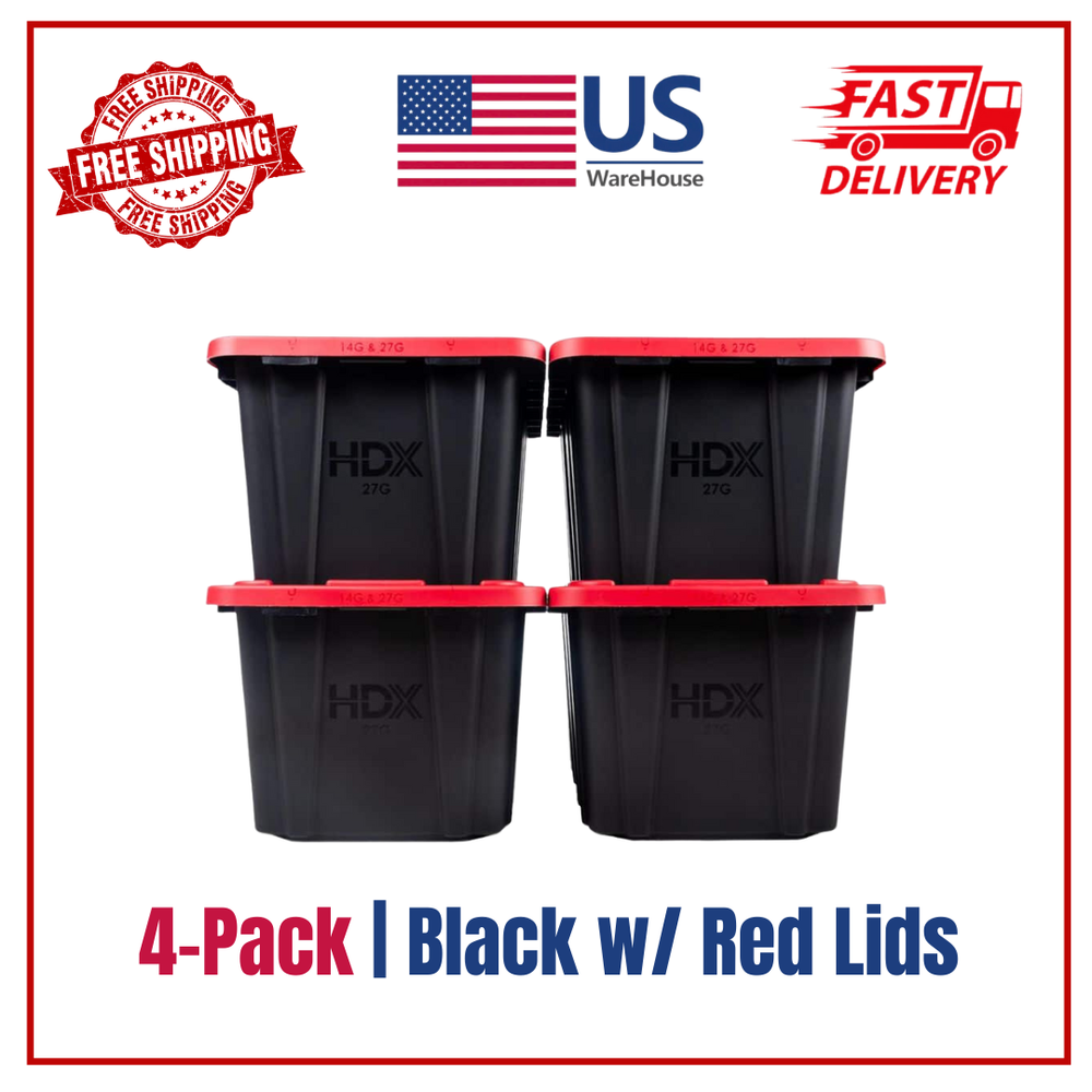 27 Gal. Black Storage Totes with Red Lids (4-Pack) Heavy Duty