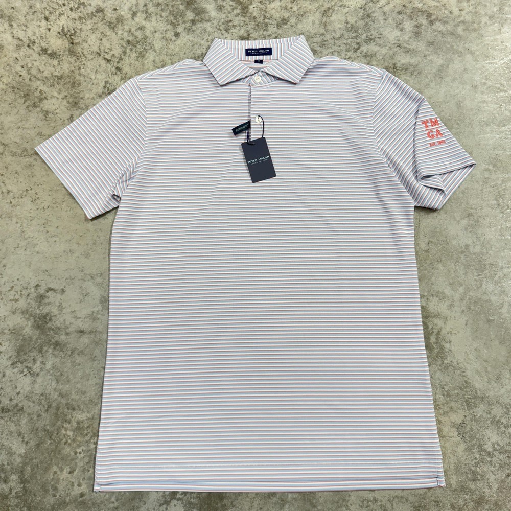 Peter Millar Polo Shirt Mens Medium Blue Stripe Crown Crafted Golf MS23XK52E