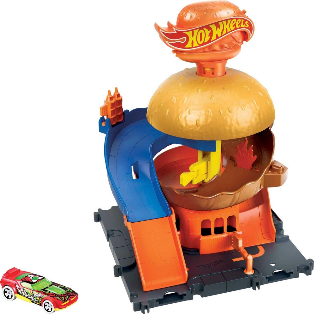 Hot Wheels Toy Car Track Set, City Burger Drive-Thru Playset & 1:64 Scale...