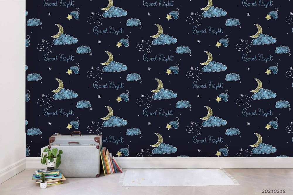 3D Space Moon Clouds Stars Pattern Wall Murals Wallpaper Murals Wall Sticker