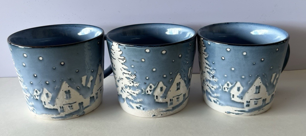 3-Piece Pier 1 Holiday Village Snow Scene 16oz Coffee Cocoa Mug Set