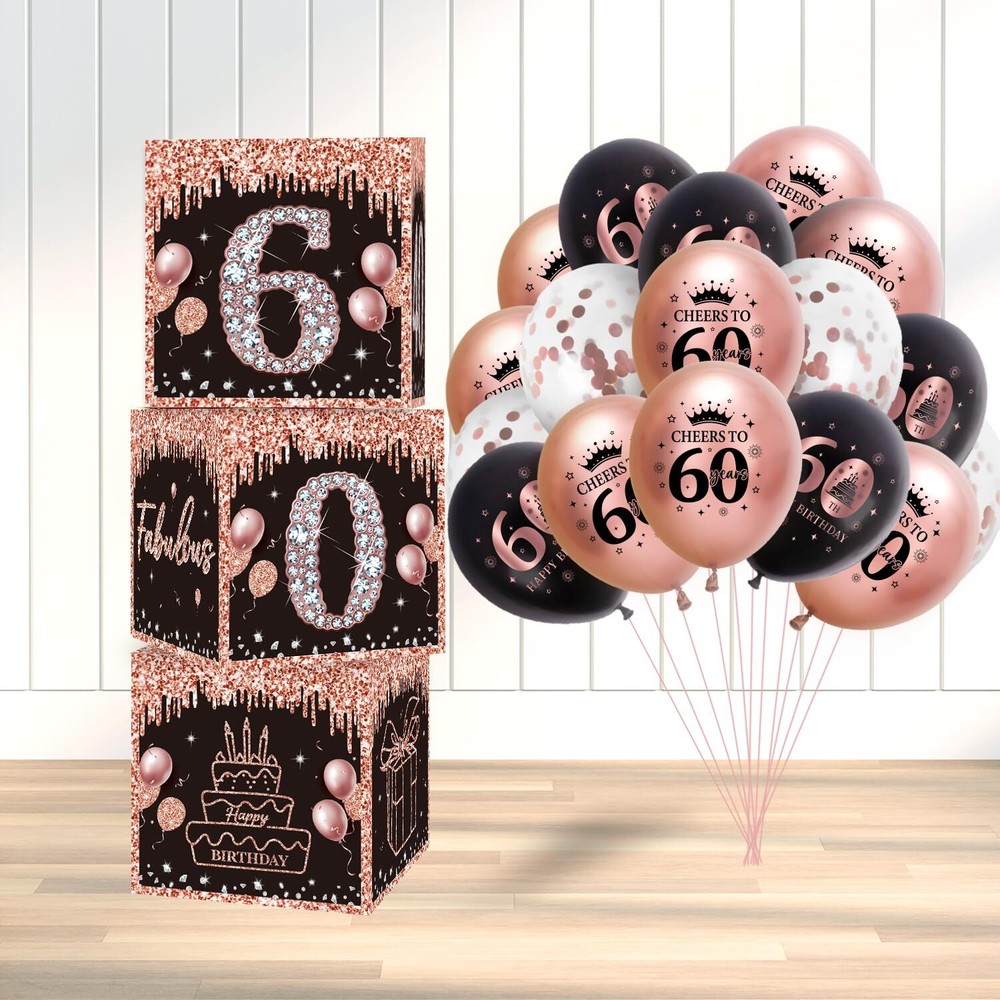 HAKOTI 60th Birthday Decorations for Women - 3-Piece Black & Rose Gold Party Box Set