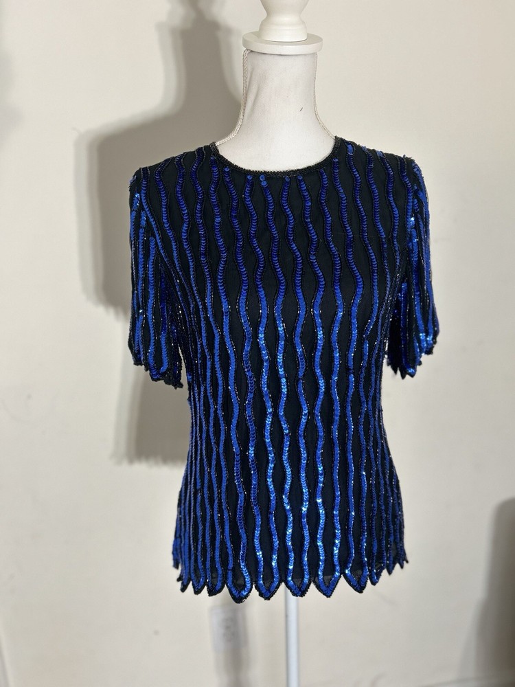 Vintage Laurence Kazar Beaded Sequin Silk Blouse Small EUC NYE Party Top-image
