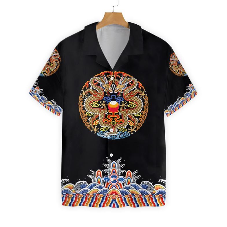 Symmetrical Dragon Chinoiserie Black Hawaiian Shirt for Men US Size Lightweight Summer Style Tropical Design