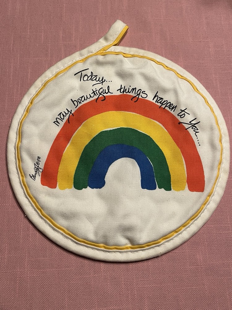 Vintage 1978 Rainbow Quilted Oven Mitt Hot Pad Yellow White Cheerful EUC