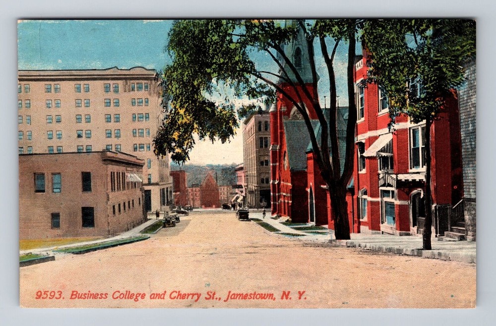Vintage Postcard of Jamestown NY Business College and Cherry Street