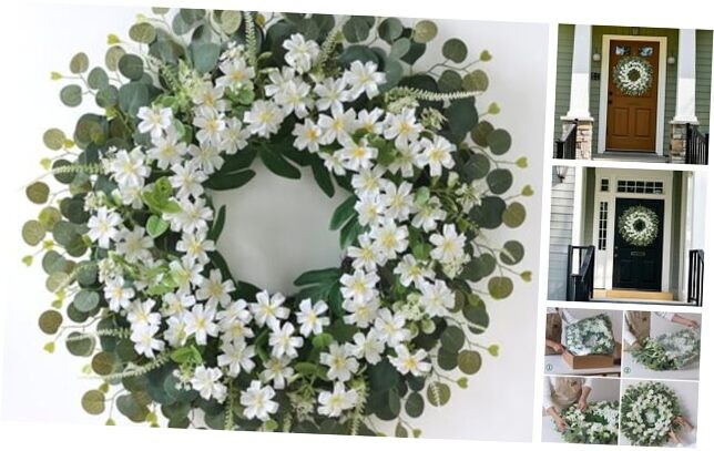 26-Inch Daisy Eucalyptus Wreath for Front Door Porch Window Decor