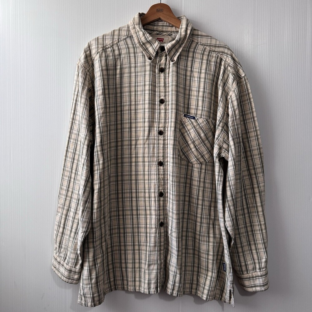 VTG Levis Shirt Flannel Button Front Long Sleeve Plaid Checks Beige Green Men XL