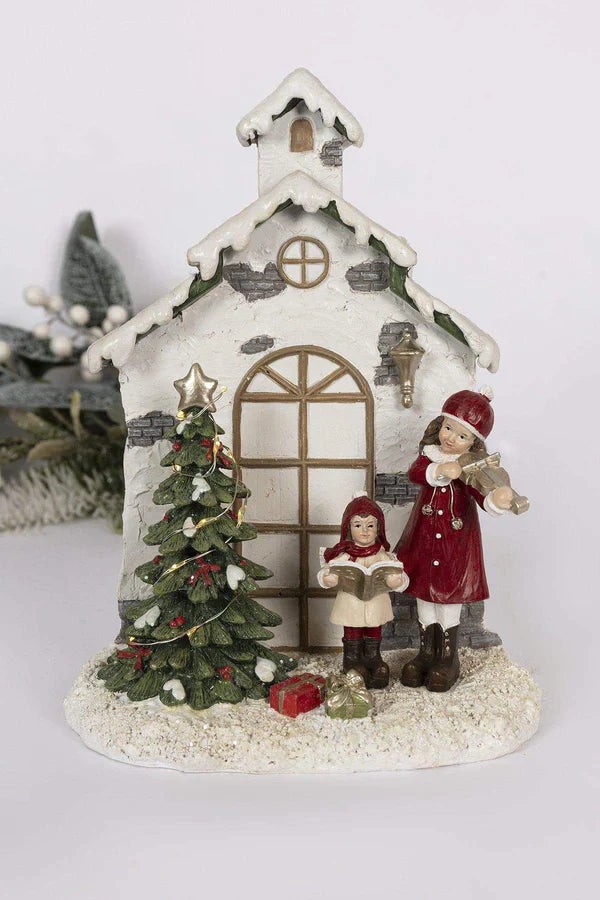 SINT Christmas House Snow Scene LED Lighted Resin Ornament – Holiday Home Decore