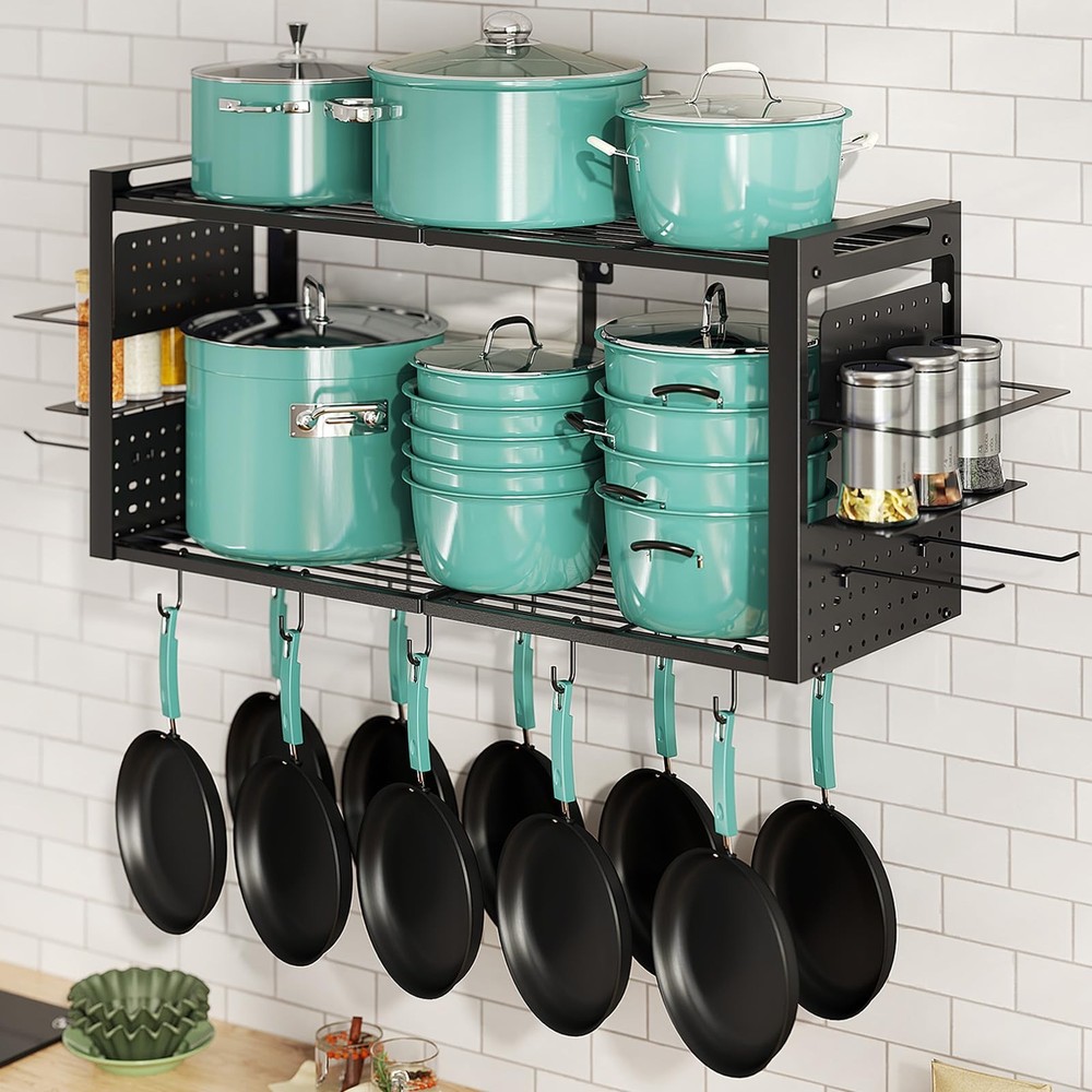 31 Inch Pot Rack Wall Mounted, 2-Tier Pots and Pans Organizer with 20 Hooks &...