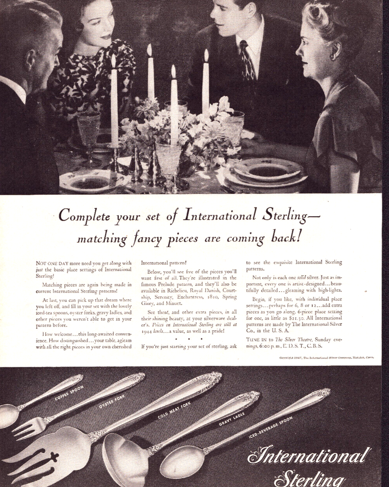 1947 International Sterling Silverware Set with Fancy Matching Pieces - Vintage Print Ad
