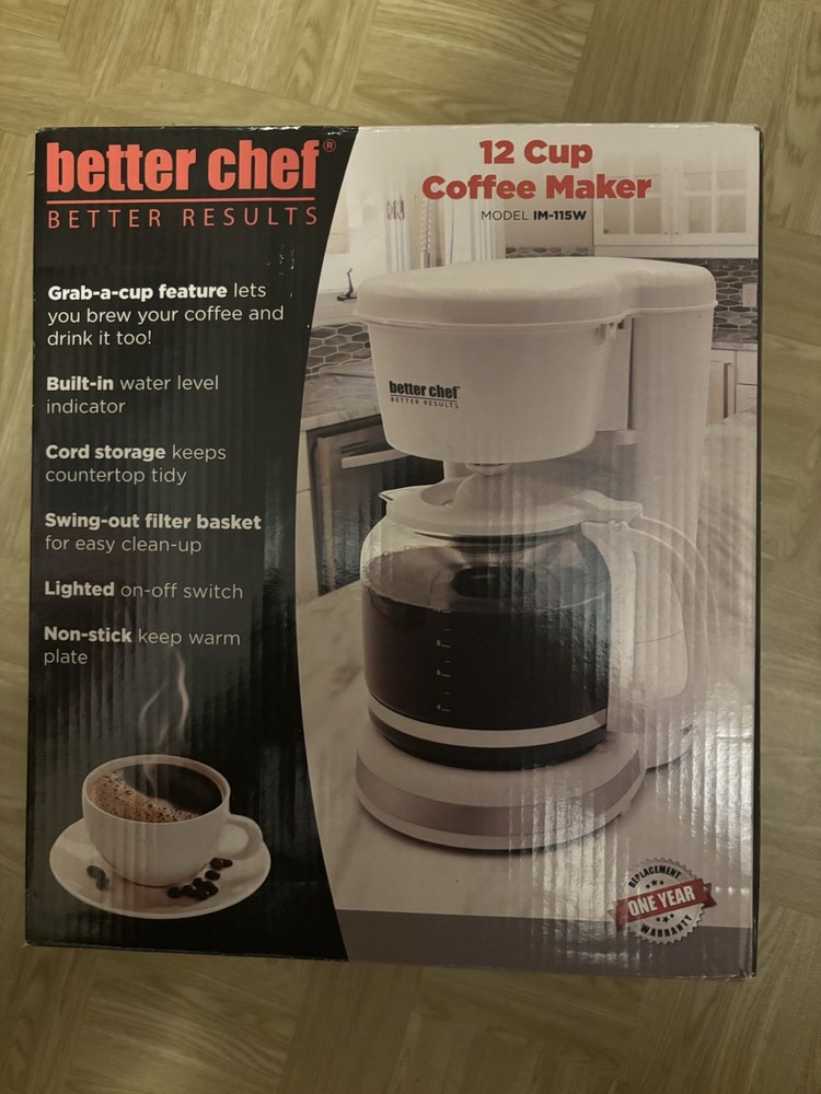 Better Chef 12 Cup Coffee Maker IM-115W White Ground Coffee Pause-and-Serve