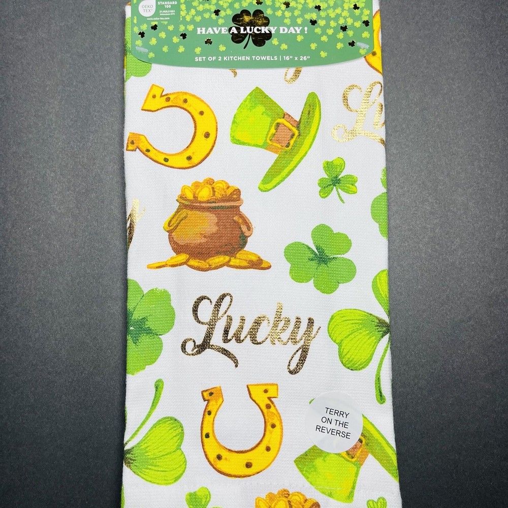 St. Patrick’s Day 2 Pack Kitchen Hand Towels Clovers Green Irish Pot Gold Lucky