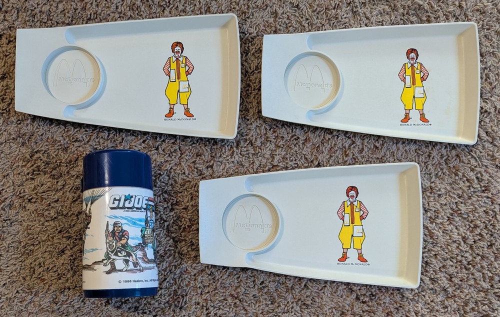 Vintage 1980s Ronald McDonald Happy Meal Trays & G.I. Joe Thermos Set