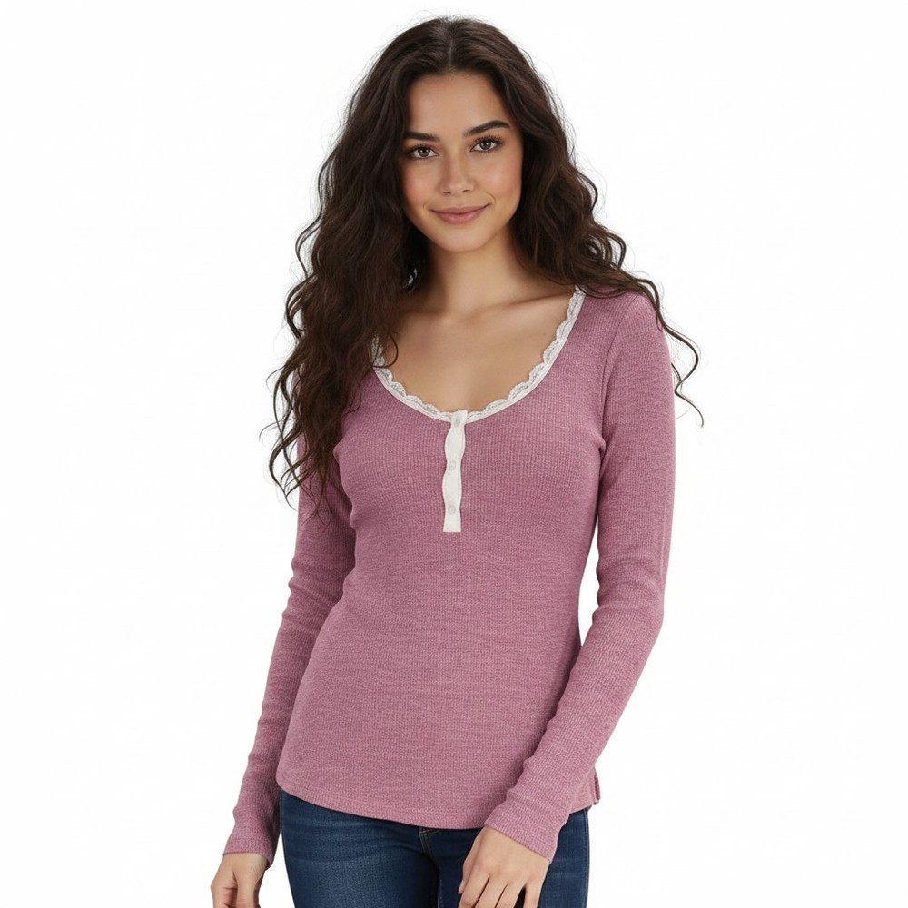 Victoria's Secret Lace Ribbed Henley Top Womens M Pink Long Sleeve Y2K 90s