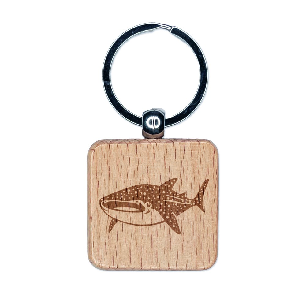 Spotted Whale Shark Engraved Wood Square Keychain Tag Charm