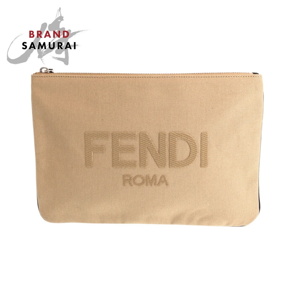 RARE FENDI beige canvas clutch with silver logo in excellent condition