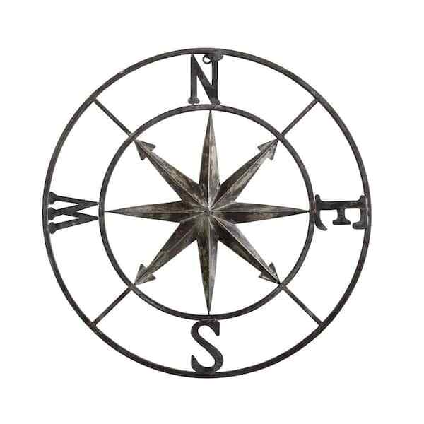 White Small Decorative Distressed Silver Metal Hanging Compass Wall Decor