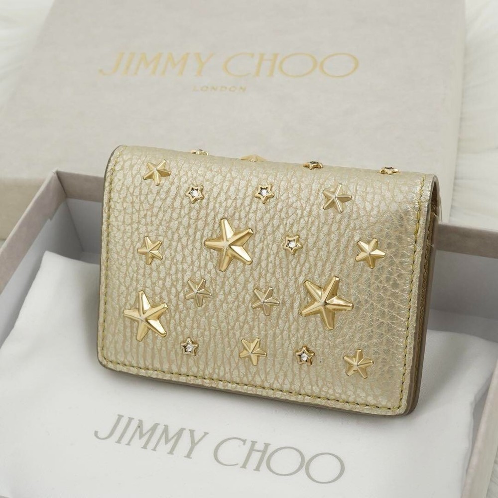 Jimmy Choo Gold Studded Folding Mini Wallet with Box Free Shipping from Japan  