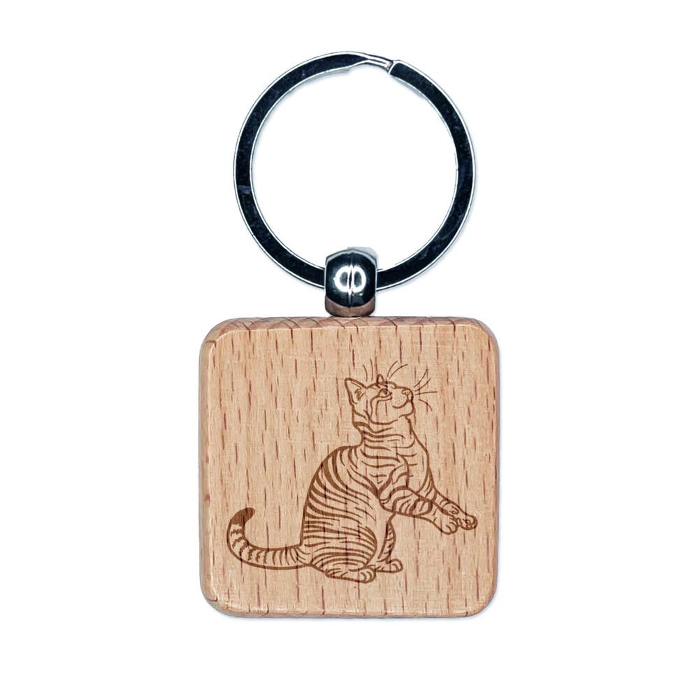 Playful Tabby Cat Wooden Keychain Tag with Engraved Design  