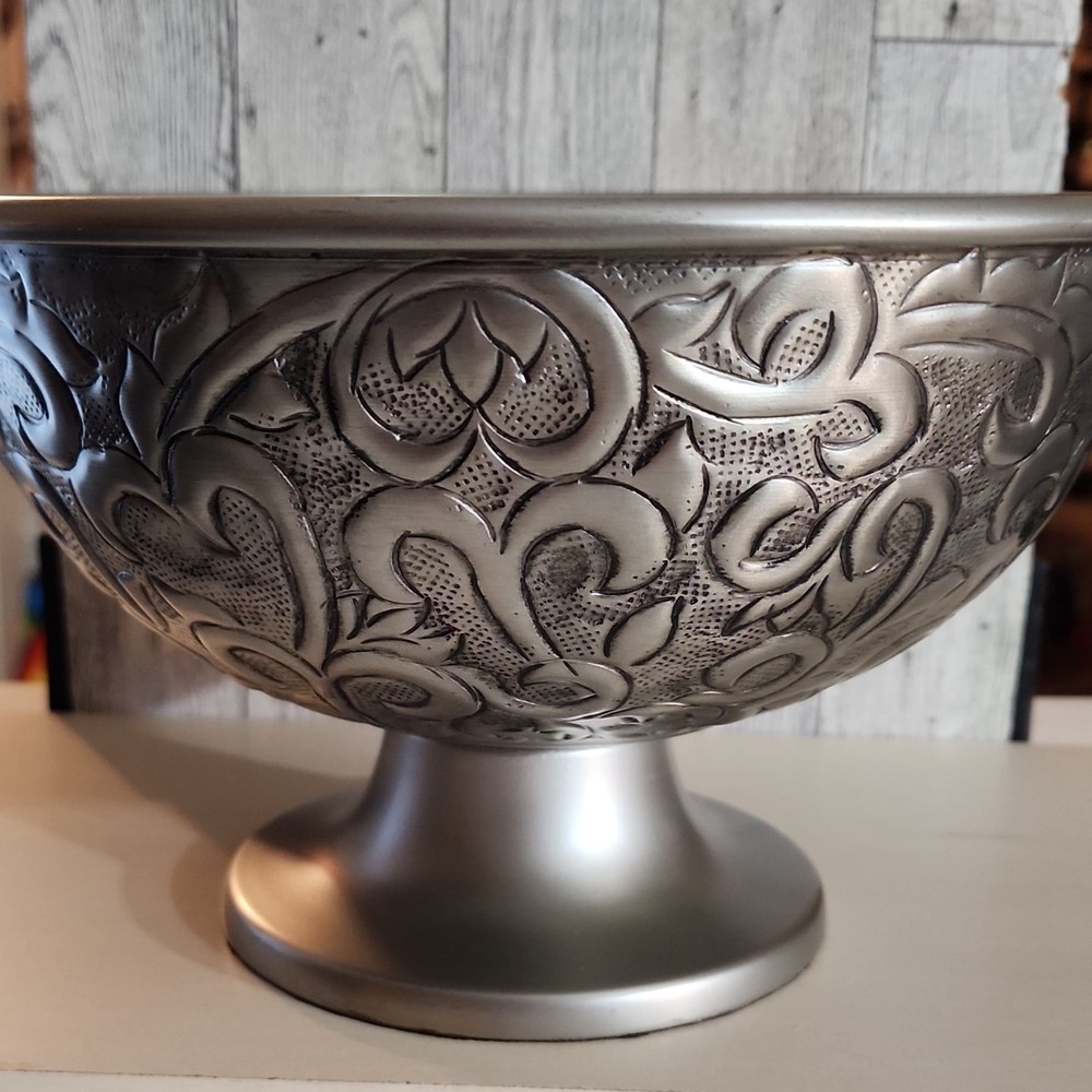 Pewter Metal Floral Footed Pedestal Bowl Round Metallic Finish Decorative