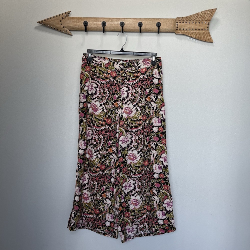 Joie | Dark Floral 100% Linen Wide Leg Pants Size Large Palazzo High Rise Crop