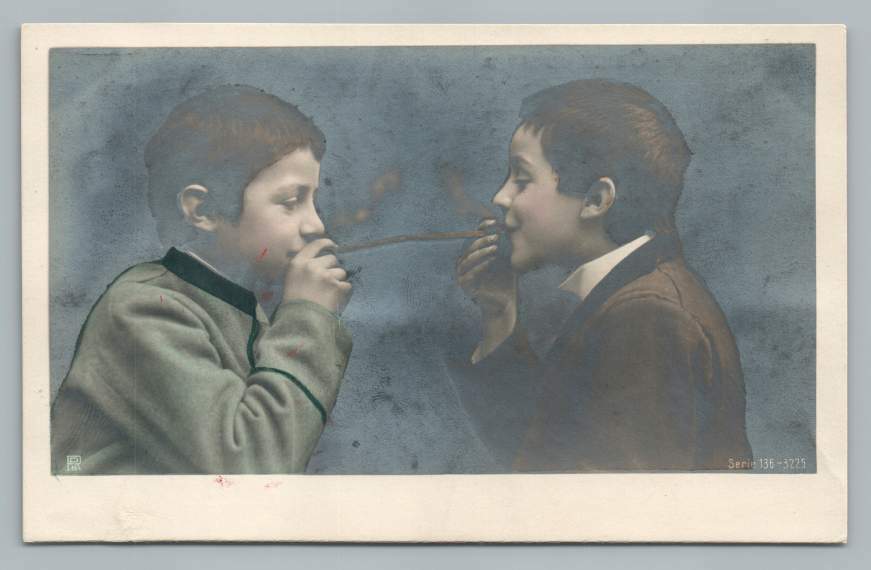 Italian Boys Smoking Cigarette Together RPPC Antique Real Photo Postcard UDB 08