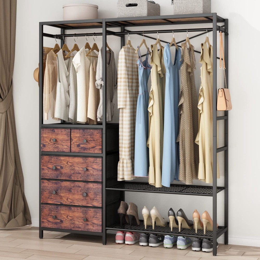 Clothes Rack with 5 Drawers & 4 Storage Shelves, 59.1W*70.9H Heavy Duty Cloth...